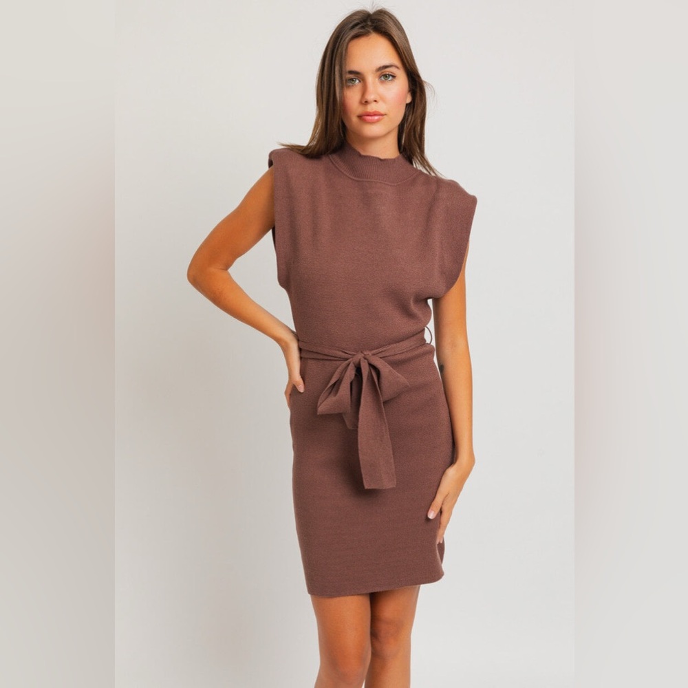Mocha Brown Sweater Mini Dress with Shoulder Pads